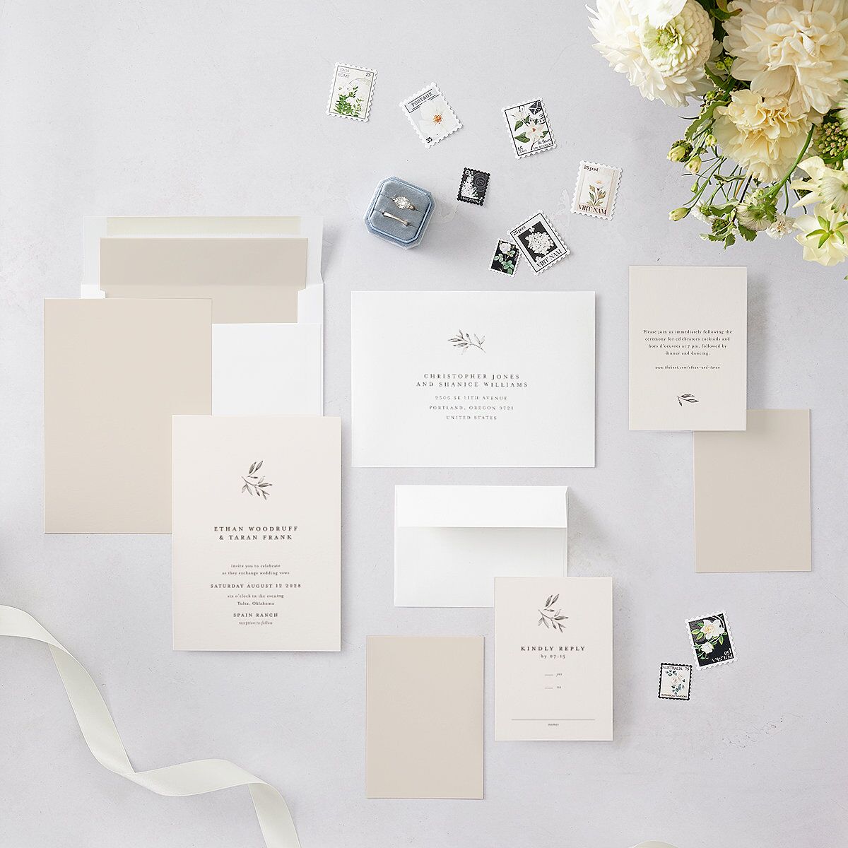 Minimal Leaves Wedding Invitations Bisque Signature Blank No Standard