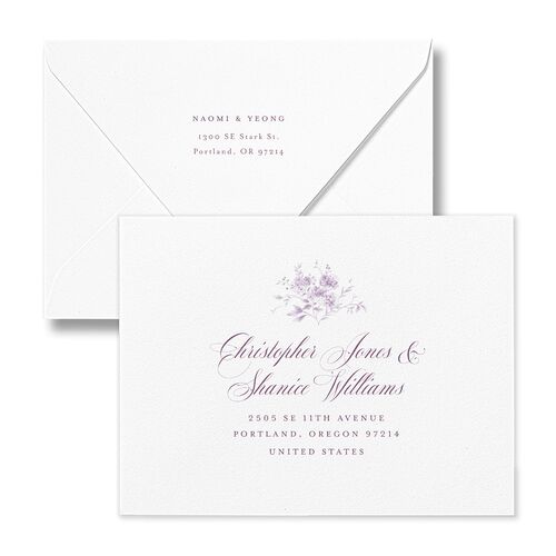Vintage Florals Thank You Card Euro Envelopes White Mauve Both Recipient and Return Addresses Luxe Signature
