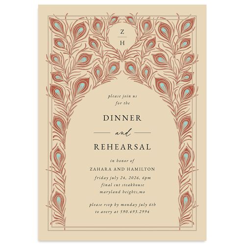Peacock Nouveau Rehearsal Dinner Invitations Tan Signature Blank Standard