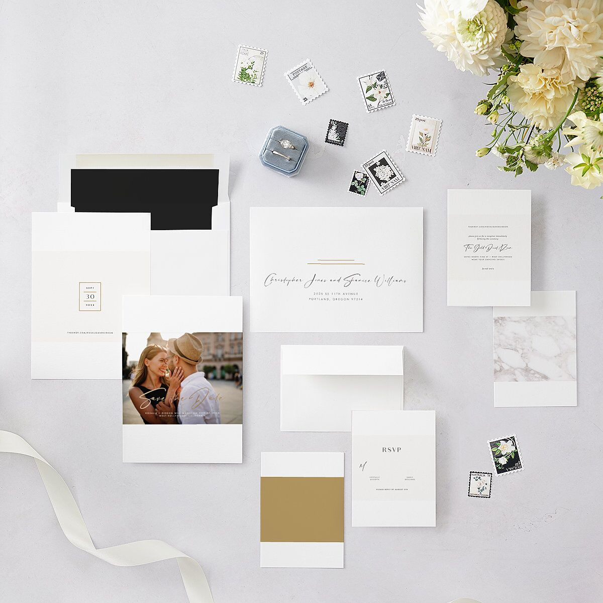 Refined Frame Save The Date Cards Gold Snow Signature smooth Blank No