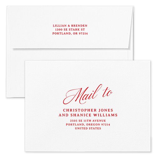 Technicolor Calligraphy Photo Wedding Invitation Envelopes White Scarlet Both Recipient and Return Addresses Standard Signature