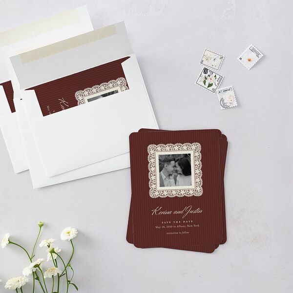 Vintage Lace Save The Date Magnets Burgundy Magnet Paper