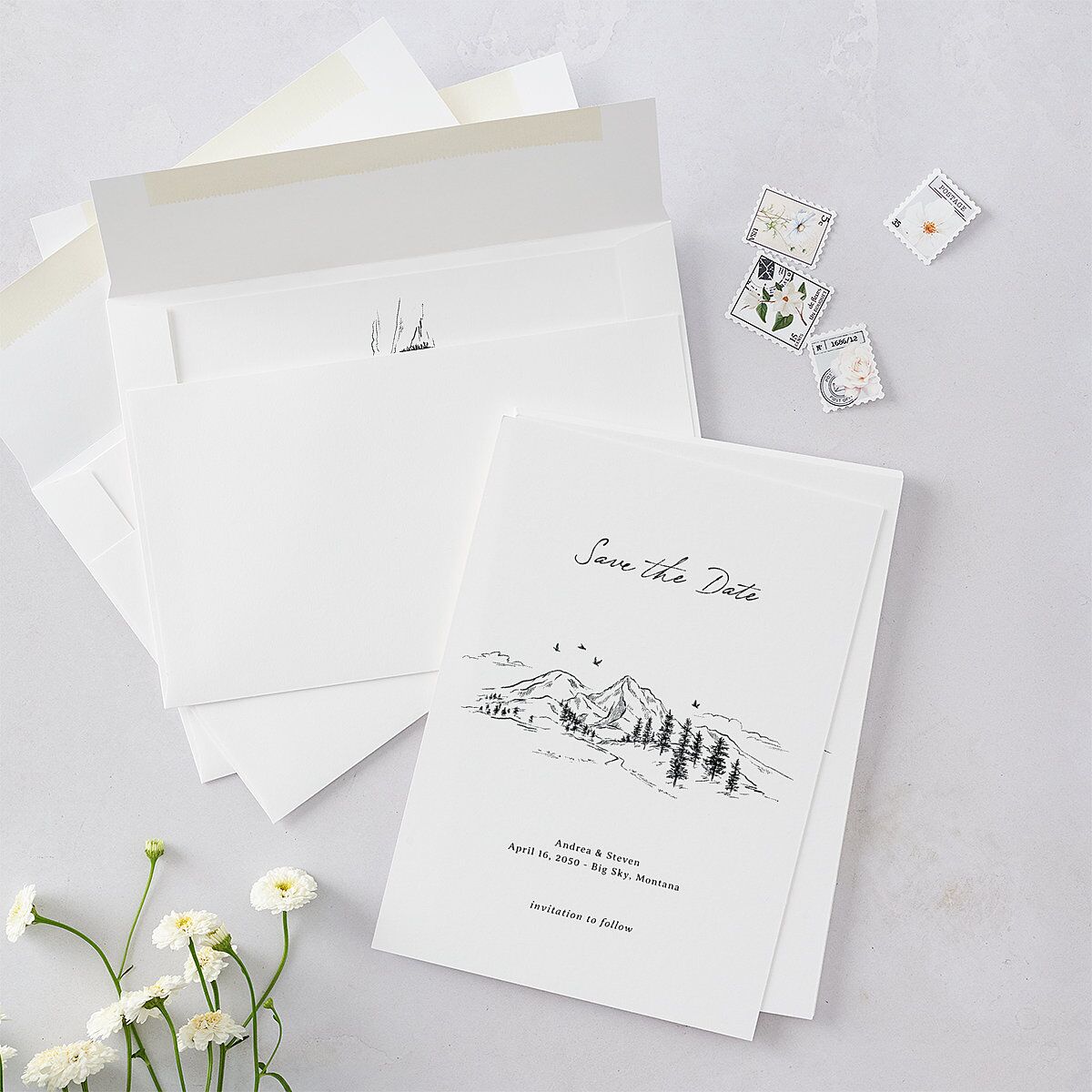 Elegant Mountain Monogram Save the Date Cards Pure White Signature smooth Blank No Standard