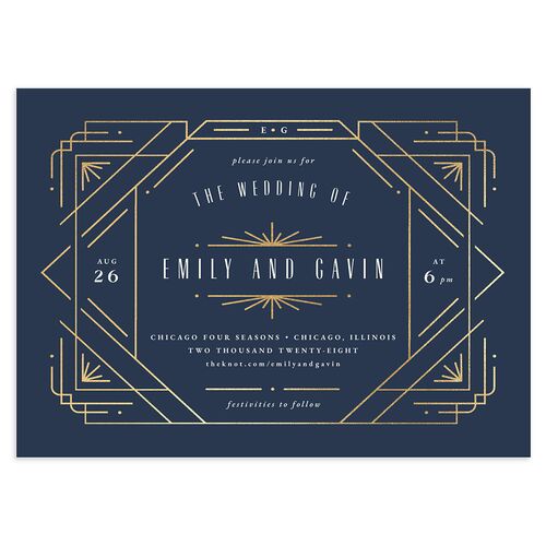 Vintage Deco Wedding Invitations Gold Moody Blue Signature Blank No Standard