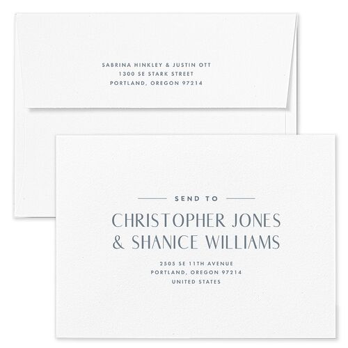 Destination Photo Poster Wedding Invitation Envelopes Dusty Blue White Both Recipient and Return Addresses Standard Signature