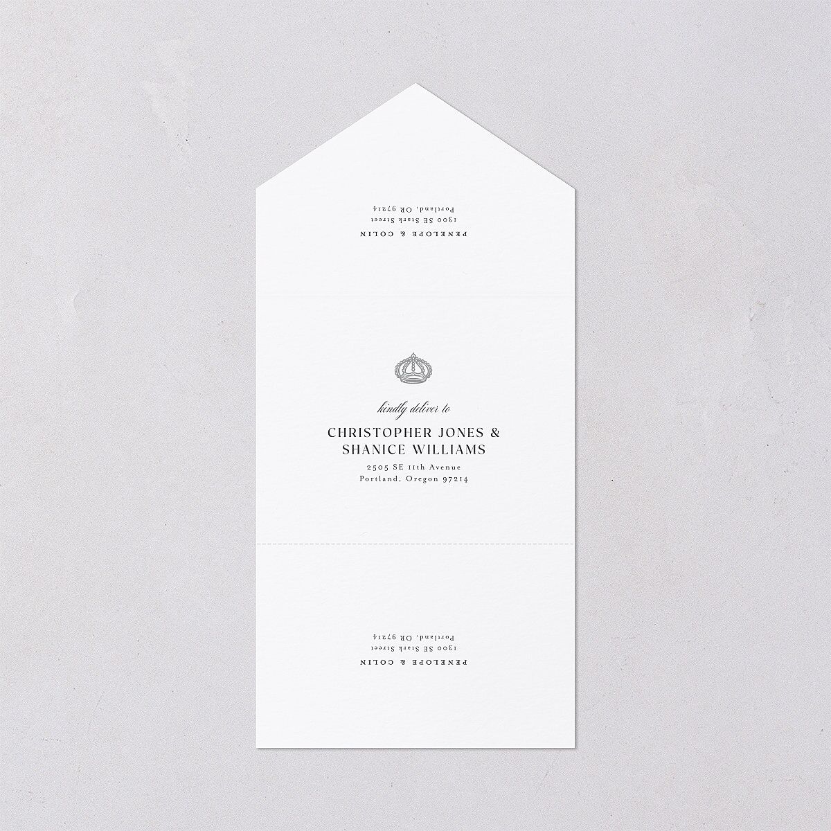 Glamorous Crown Monogram Crest All-in-One Wedding Invitations by Bridgerton Pure White Signature Light Both Recipient and Return Addresses No
