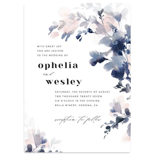 Watercolor Blooms Wedding Invitations Navy Signature Blank No Standard