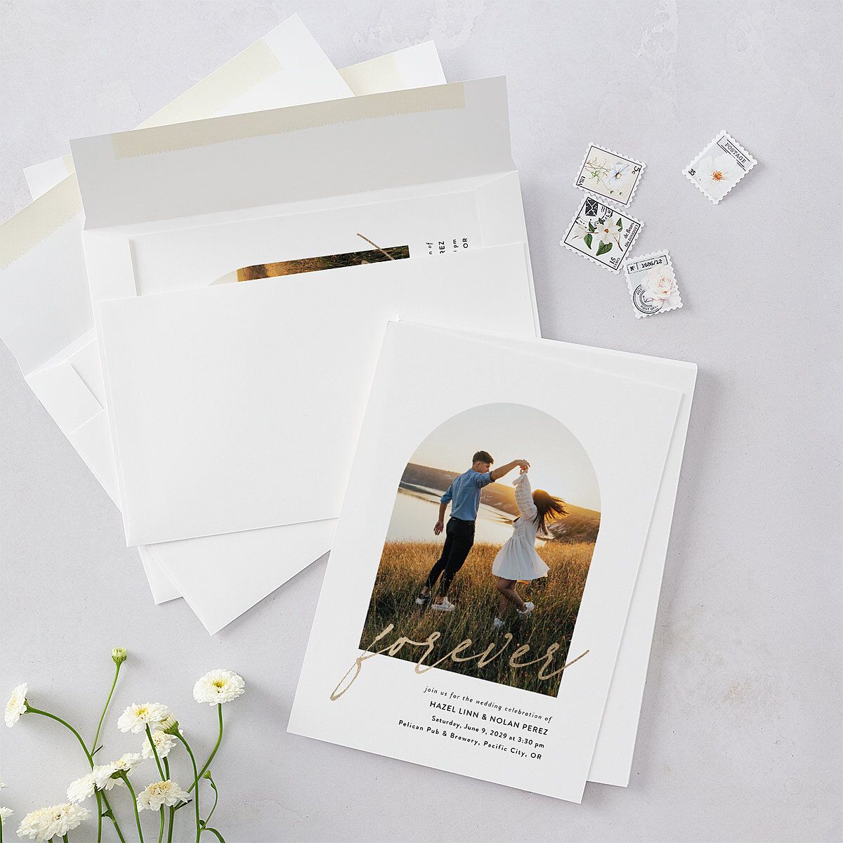 Forever Arch Foil Wedding Invitations Gold Pure White Signature Blank No Standard