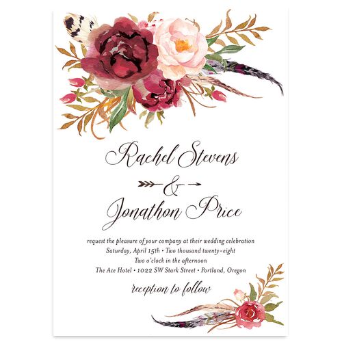 Bohemian Floral Wedding Invitations Merlot Signature Blank No Standard