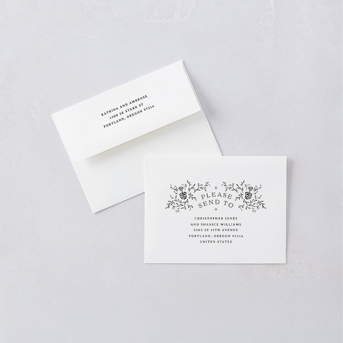 Skeleton Spirits Save the Date Petite Card Envelopes Licorice White Both Recipient and Return Addresses Signature Standard