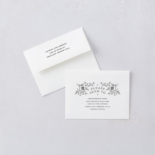 Skeleton Spirits Save the Date Petite Card Envelopes Licorice White Both Recipient and Return Addresses Signature Standard