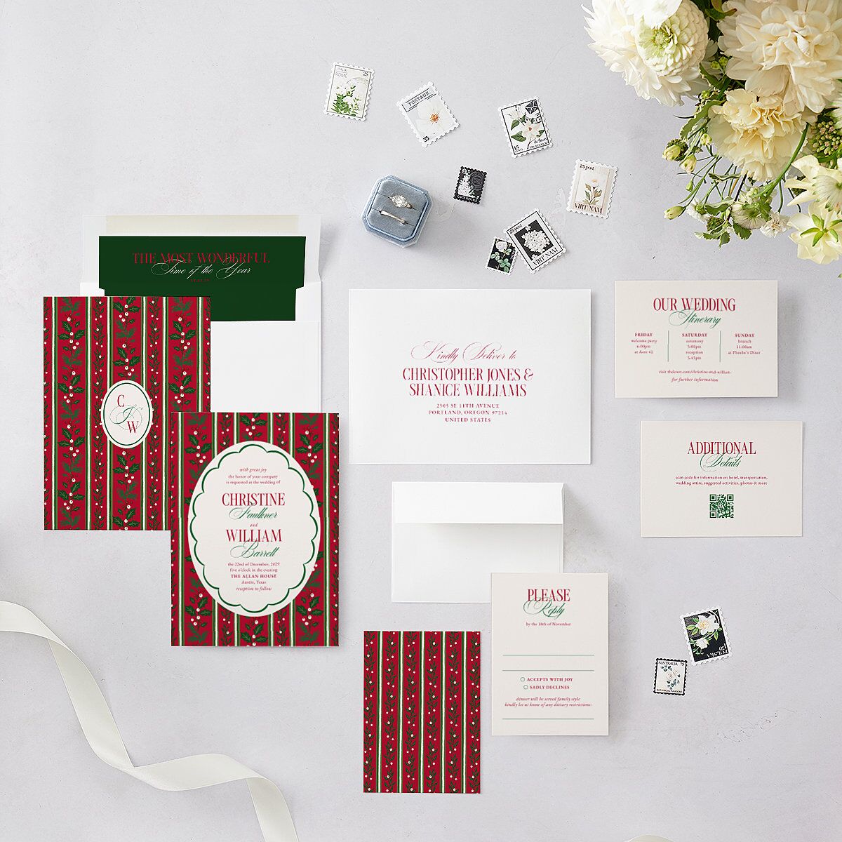 Elegant Vintage Christmas Wedding Invitations Jewel Red Signature Blank No Standard
