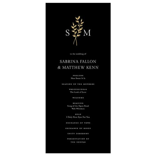Elegant Botanical Initials Foil  Wedding Programs Licorice Gold Signature