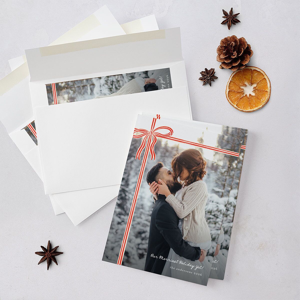 Striped Bow Photo Holiday Cards Ruby Signature Blank Standard Portrait