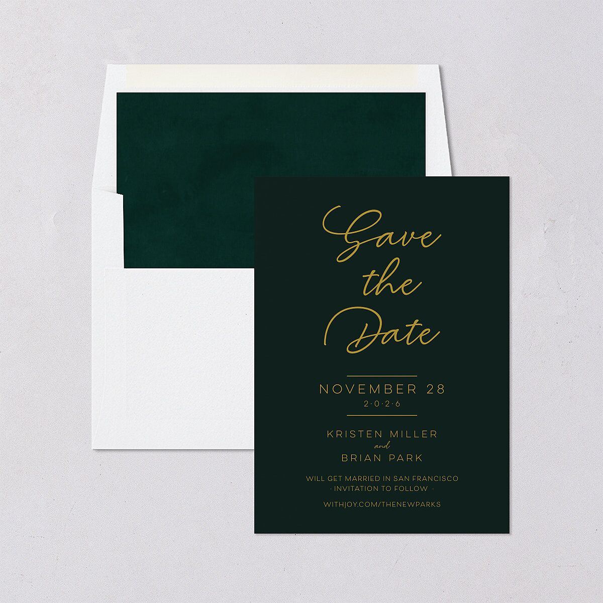 Gold Calligraphy Save The Date Cards Dark Green Signature smooth Blank No Standard