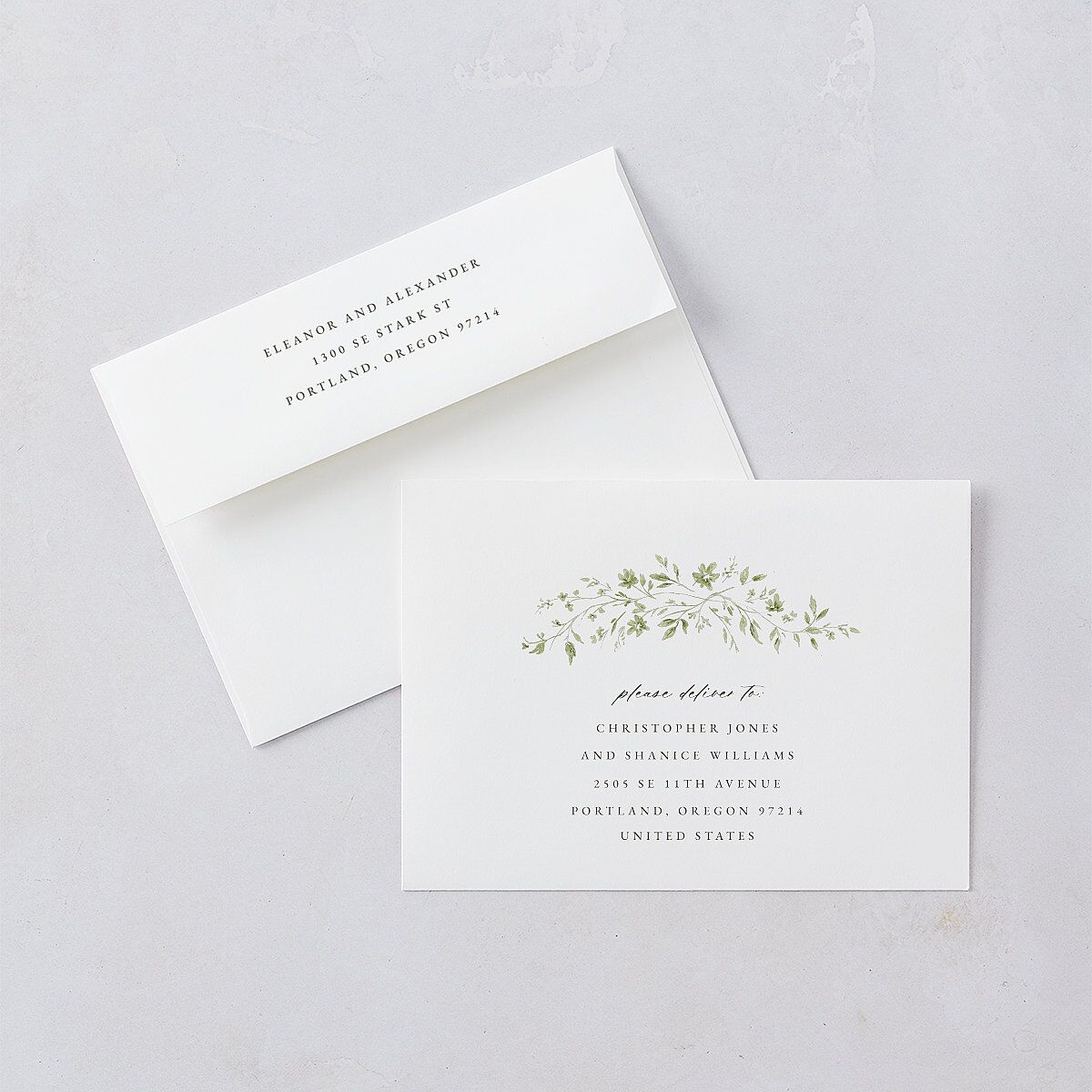 Timeless Floral Save The Date Card Envelopes White Thyme Both Recipient and Return Addresses Signature Standard
