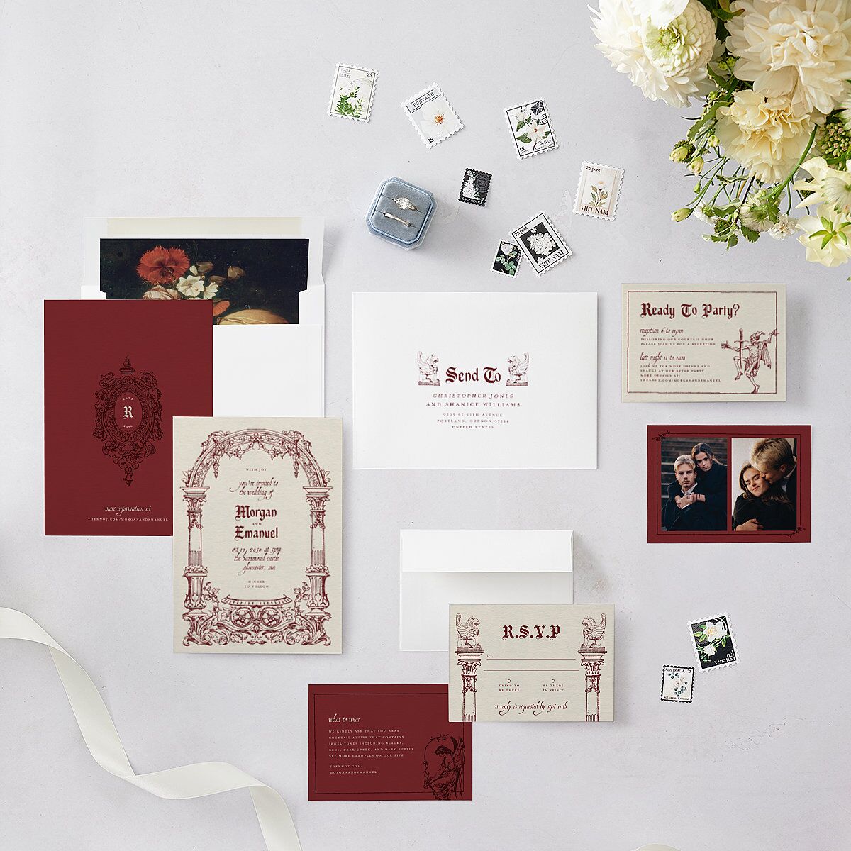 Gothic Medieval Arch Wedding Invitations Burgundy Signature Blank No Standard
