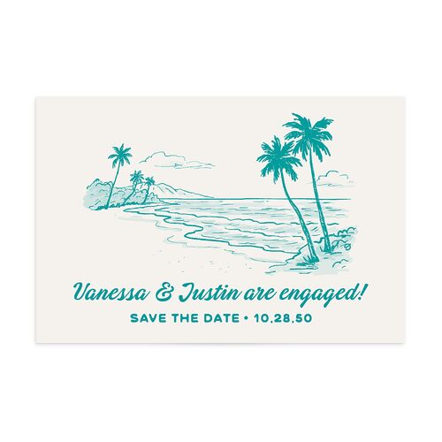Illustrated Retro Coastal Beach Save the Date Postcards Turquoise