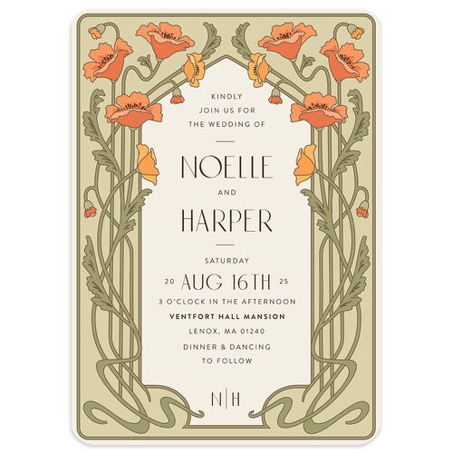 Vintage Nouveau Floral Wedding Invitations Pear Signature Blank No Rounded