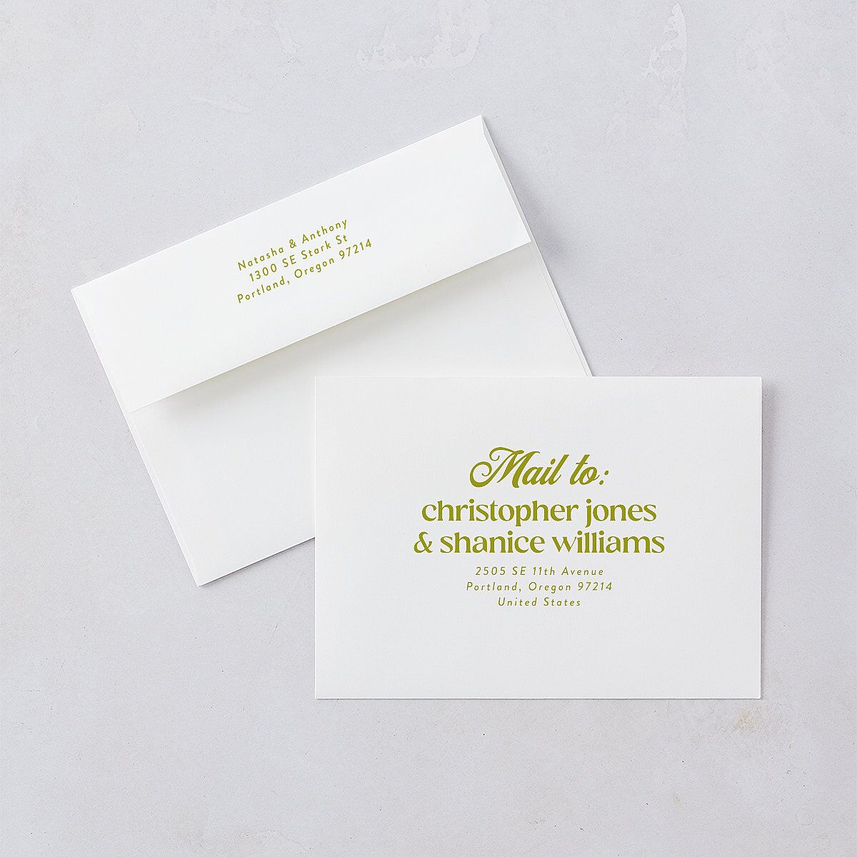 Modern Retro Type Save The Date Card Envelopes White Brass Both Recipient and Return Addresses Signature Standard
