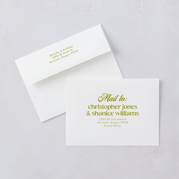 Modern Retro Type Save The Date Card Envelopes White Brass Both Recipient and Return Addresses Signature Standard