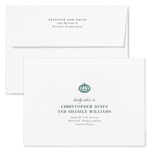 Glamorous Crown Monogram Crest Wedding Invitation Envelopes by Bridgerton Terracotta Deep Lake Return Address Standard Signature