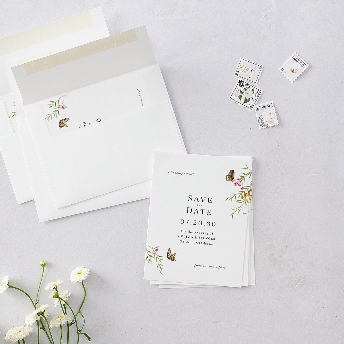 Rustic Butterfly Garden Save the Date Petite Cards Pure White Signature smooth Blank No Standard
