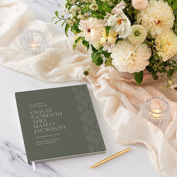 Boho Texture Wedding Guest Book Deep Olive