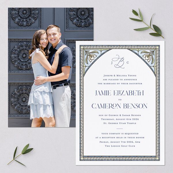 Church Stained Glass Wedding Invitations Moody Blue Signature Blank No Standard
