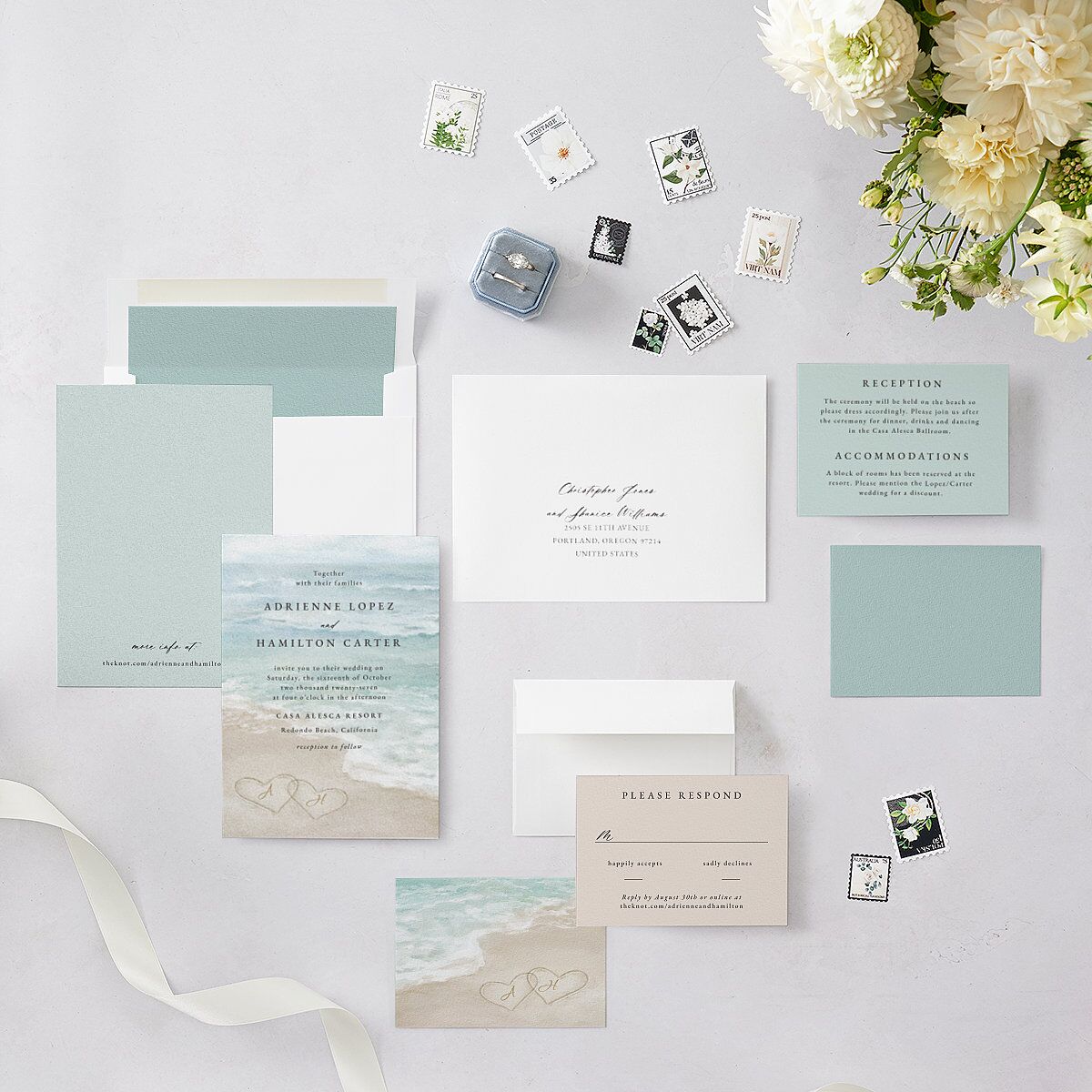 Beach Monogram Wedding Invitations Pale Blue Signature Blank No Standard