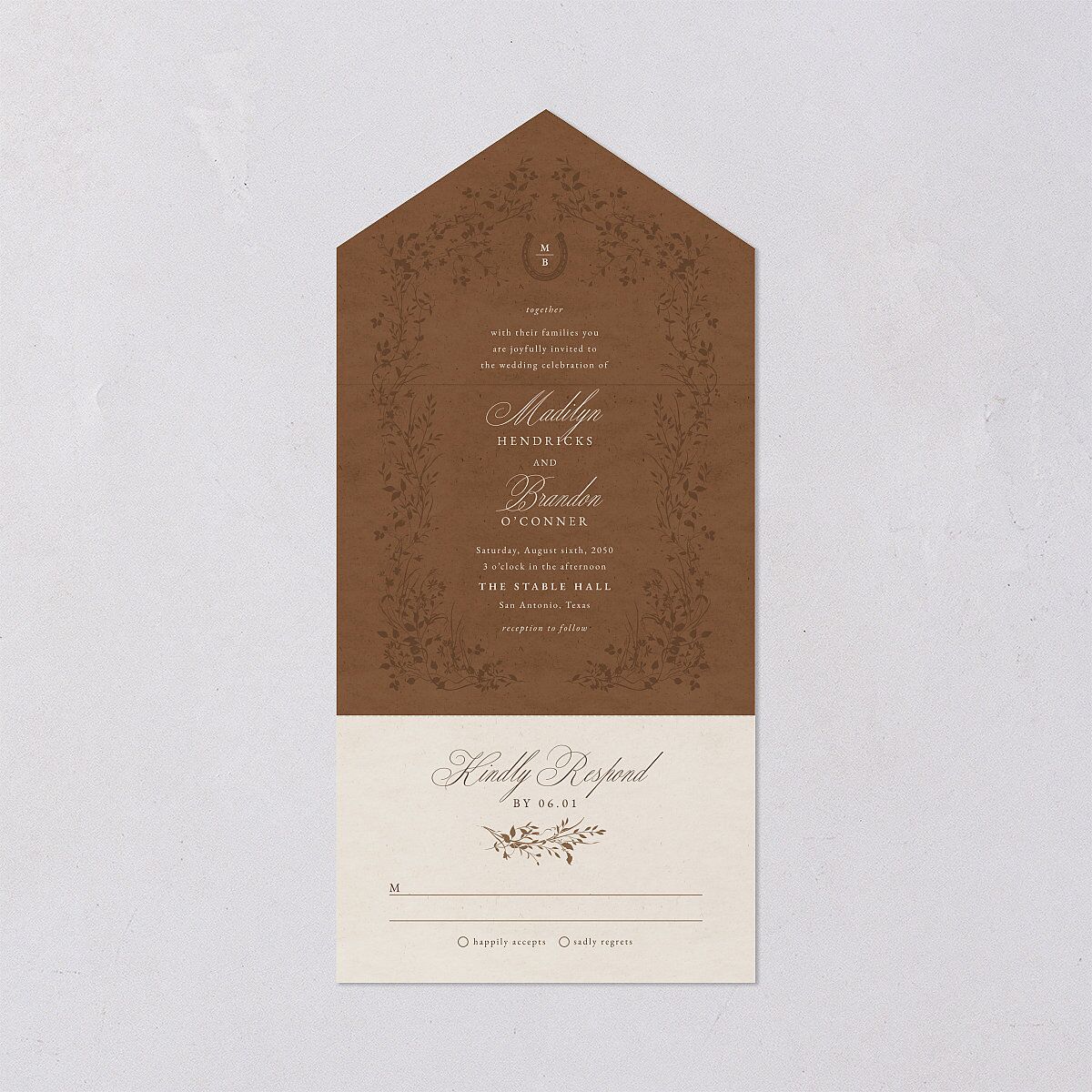 Western Horseshoe Botanical All-in-One Wedding Invitations Mocha Signature Light Both Recipient and Return Addresses No