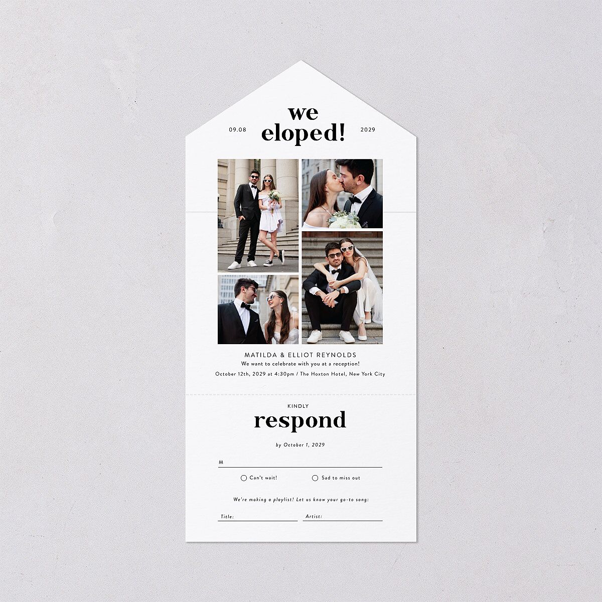 Photo Elopement All-in-One Wedding Invitations Pure White Signature Light Both Recipient and Return Addresses No