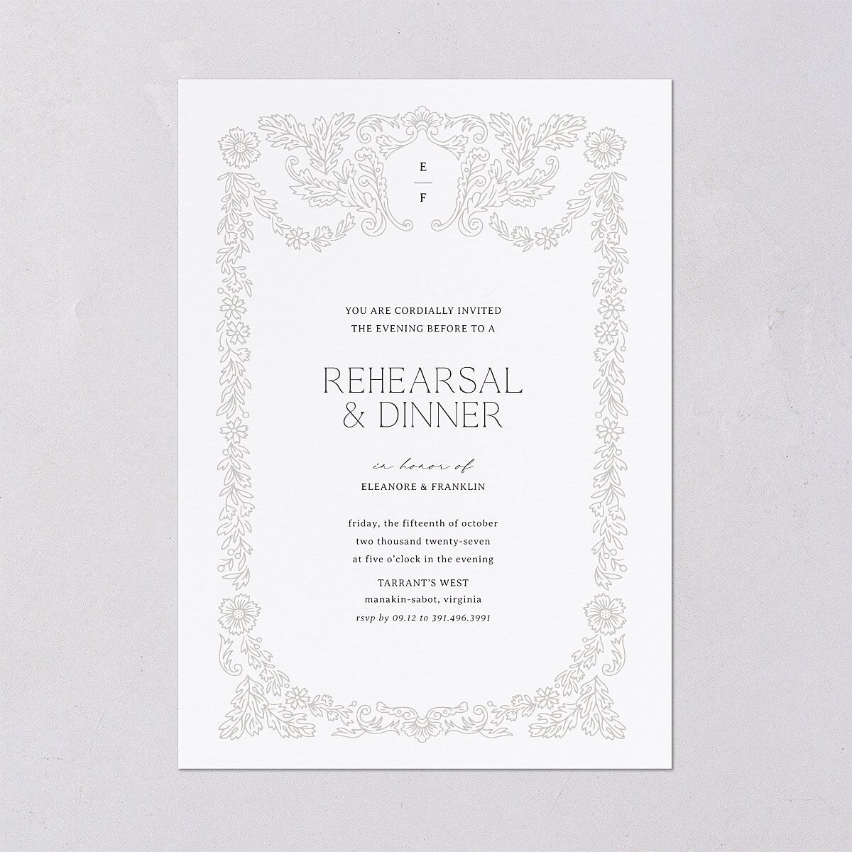 Baroque Border Rehearsal Dinner Invitations Pure White Signature Blank