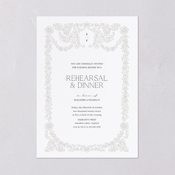 Baroque Border Rehearsal Dinner Invitations Pure White Signature Blank