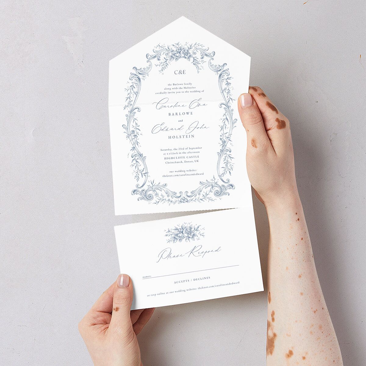 Antique Victorian Botanical All-in-One Wedding Invitations Dusty Blue Signature Light Both Recipient and Return Addresses No