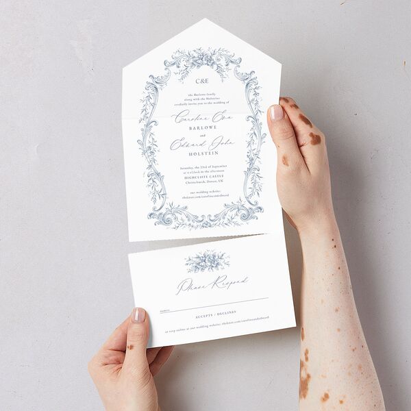 Antique Victorian Botanical All-in-One Wedding Invitations Dusty Blue Signature Light Both Recipient and Return Addresses No