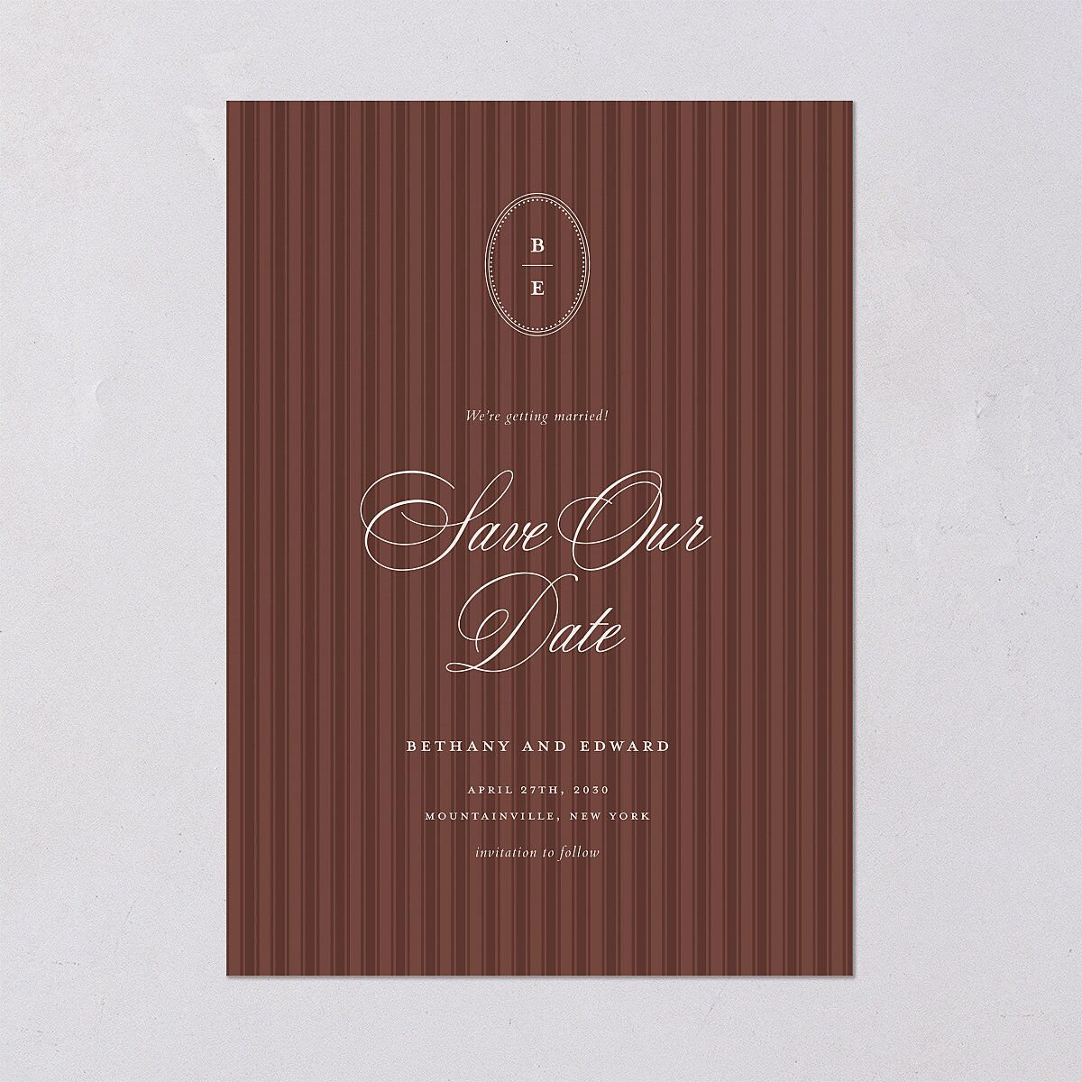 Vintage Oval Monogram Save the Date Cards Merlot Signature smooth Blank No Standard
