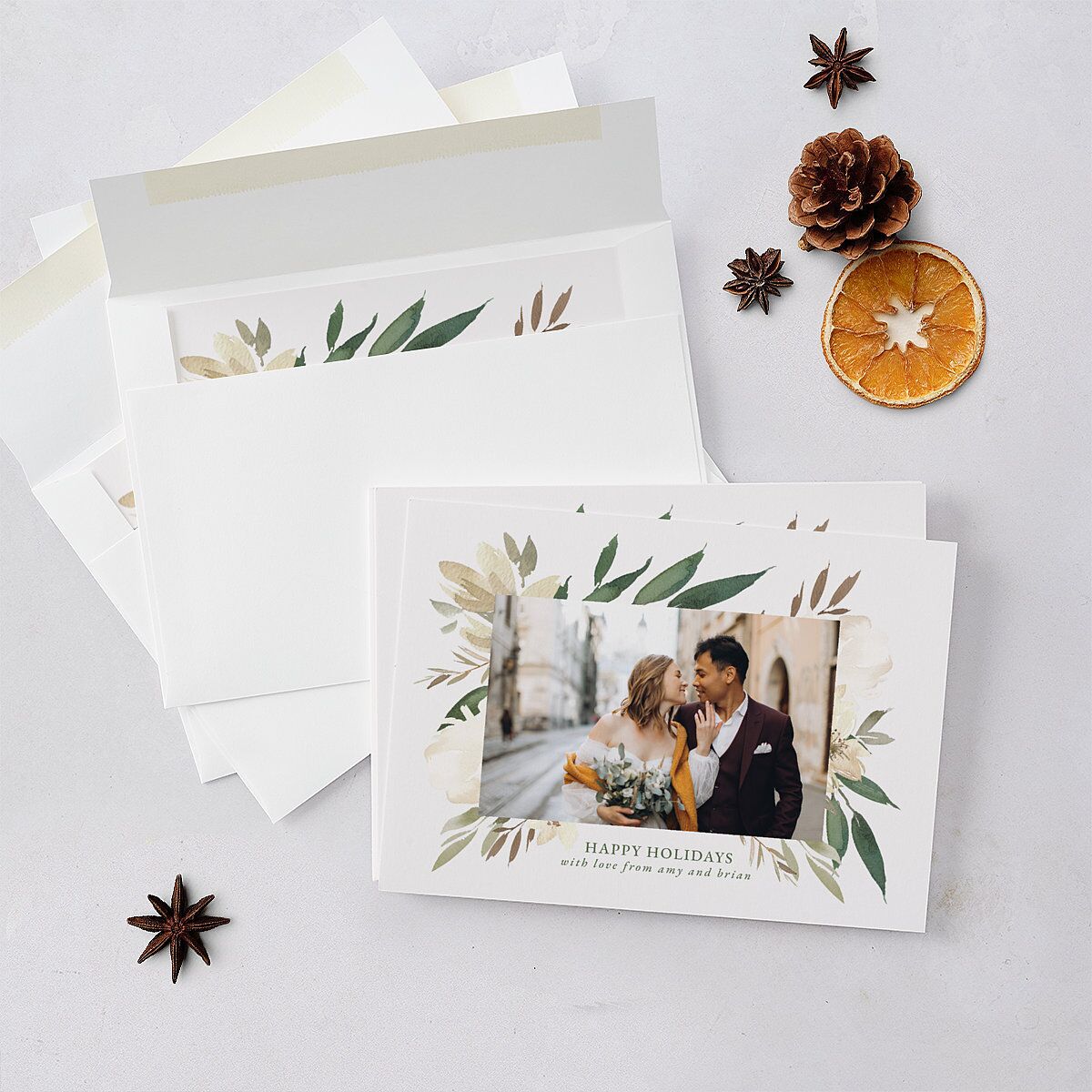 Holiday Greenery Frame Holiday Cards Deep Olive Signature Blank Standard Landscape