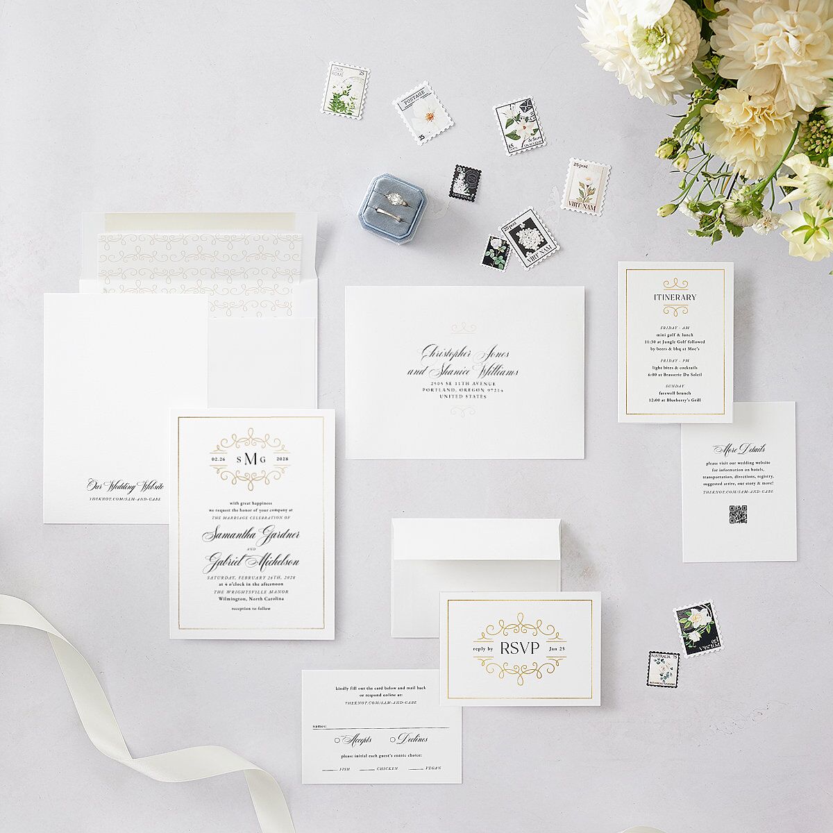 Monogram Flourish Foil Wedding Invitations Pure White Gold Signature Blank No Standard