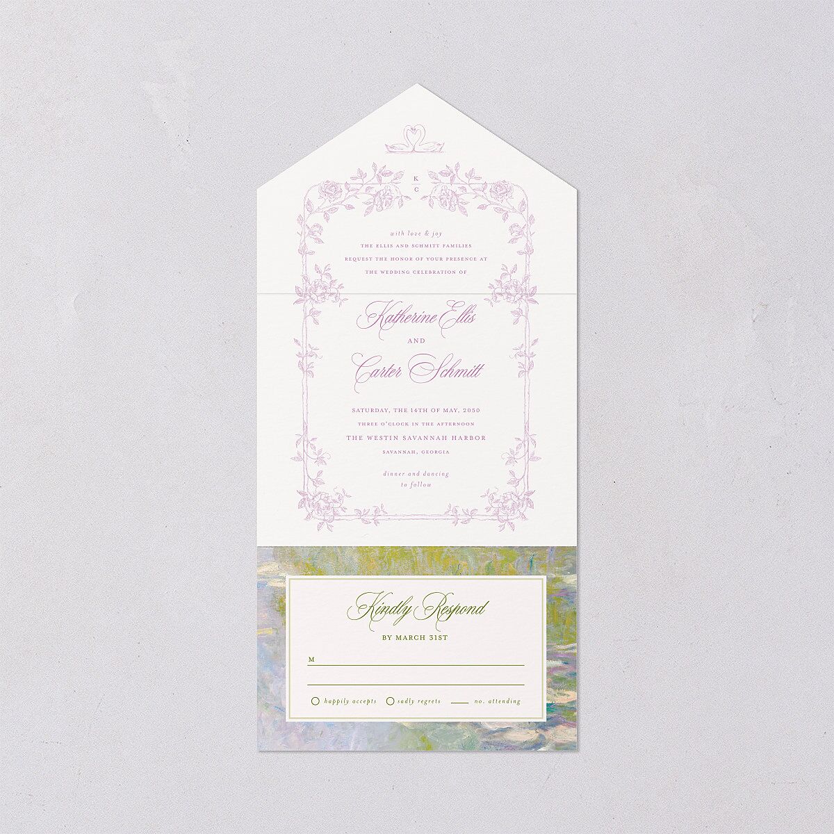 Eclectic Garden Reverie All-in-One Wedding Invitations Lavender Signature Light Both Recipient and Return Addresses No