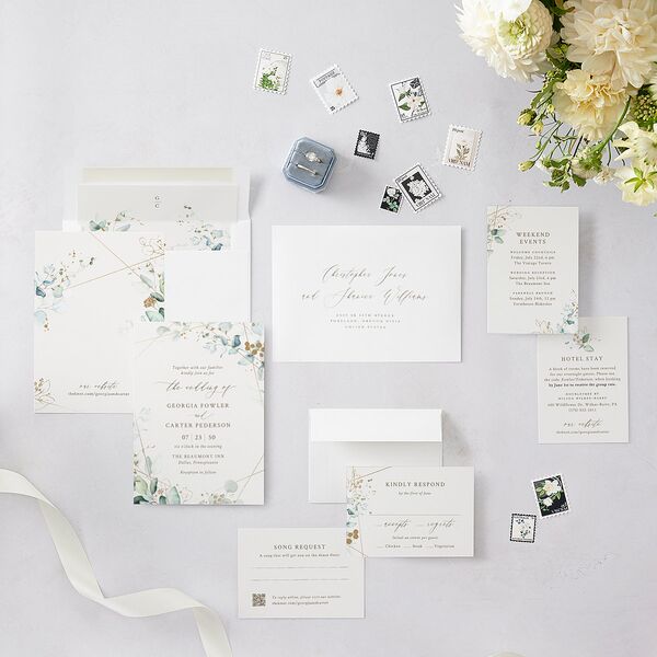 Ethereal Greenery and Gold Wedding Invitations Pure White Signature Blank No Standard