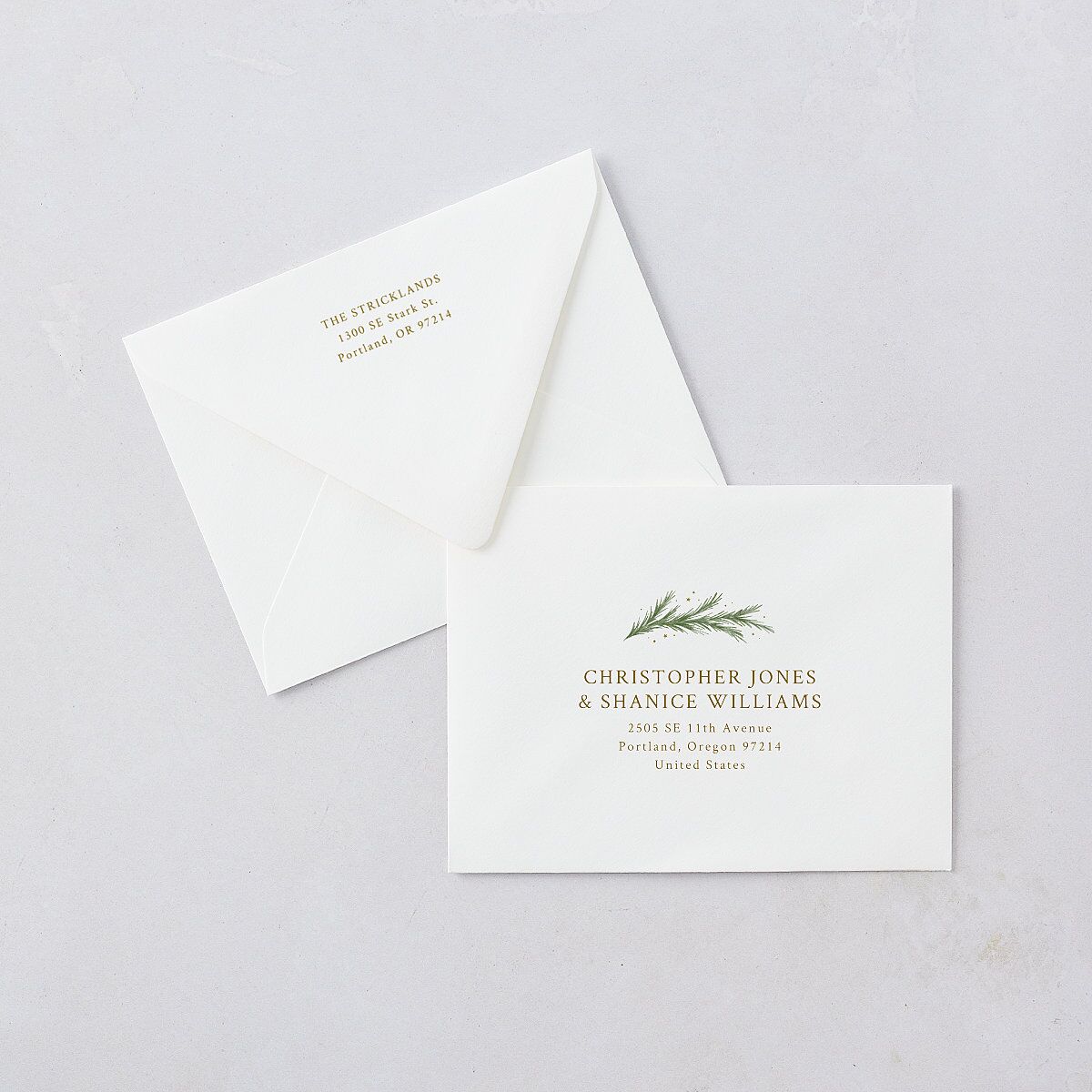 Rustic Garland Newlyweds First Christmas Thank You Card Euro Envelopes White Linen Both Recipient and Return Addresses Luxe Signature