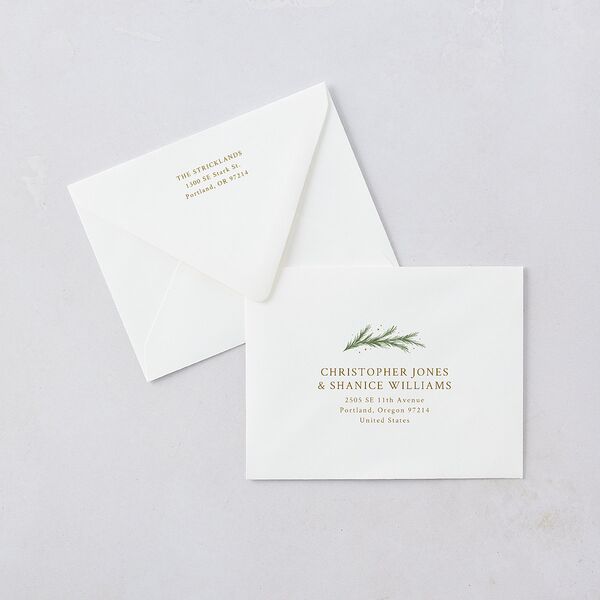 Rustic Garland Newlyweds First Christmas Thank You Card Euro Envelopes White Linen Both Recipient and Return Addresses Luxe Signature