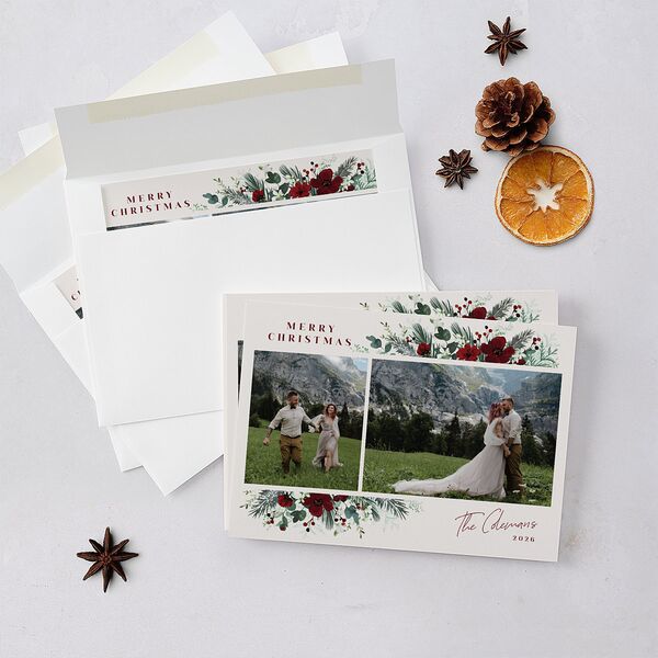 Holiday Floral Holiday Cards Maroon Signature Blank Landscape Standard