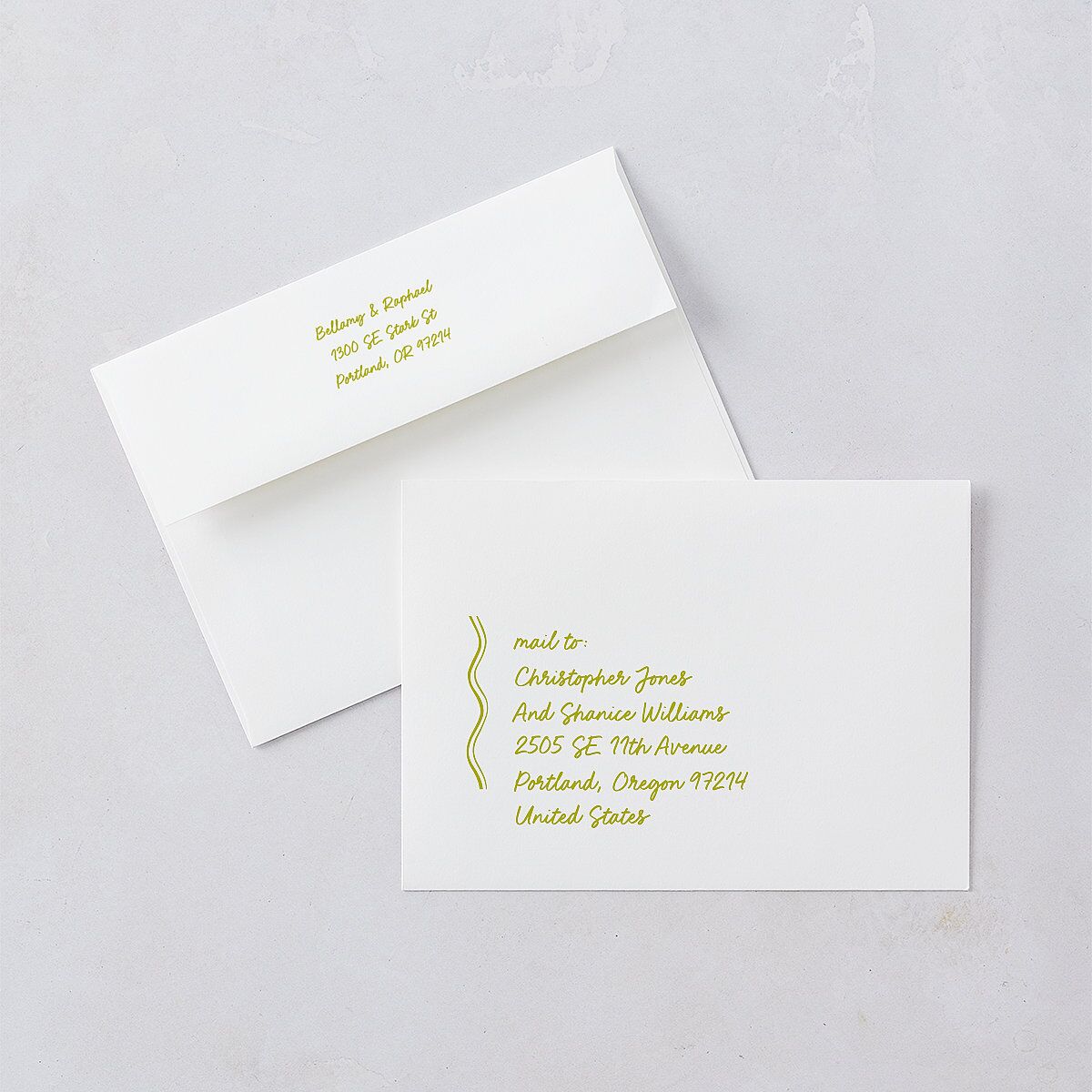 Modern Hand Drawn Wavy Frame Wedding Invitation Envelopes White Chartreuse Both Recipient and Return Addresses Standard Signature