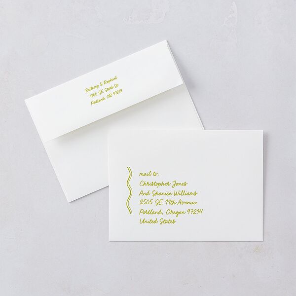 Modern Hand Drawn Wavy Frame Wedding Invitation Envelopes White Chartreuse Both Recipient and Return Addresses Standard Signature