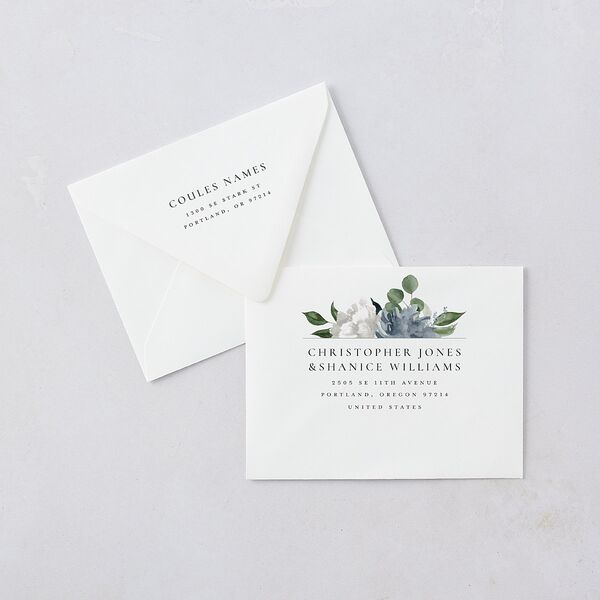 Timeless Bouquet Thank You Card Euro Envelopes White Luxe Dusty Blue Both Recipient and Return Addresses