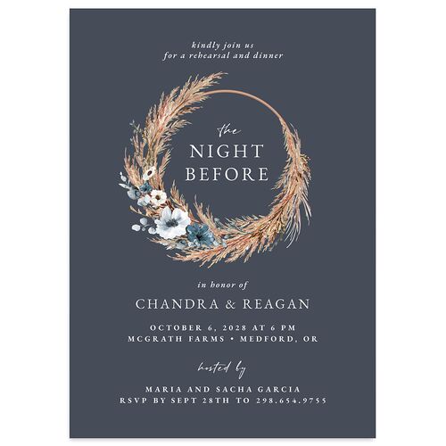 Bohemian Floral Hoop Rehearsal Dinner Invitations Dark Navy Signature Blank Standard