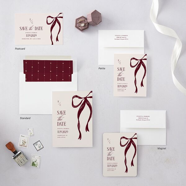 Whimsical Hand Drawn Bow Save the Date Petite Cards Burgundy Signature smooth Blank No Standard