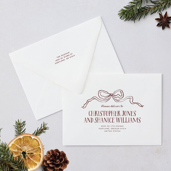 Best Present Ever Bow Gallery Holiday Card Euro Envelopes White Merlot Both Recipient and Return Addresses Luxe Signature